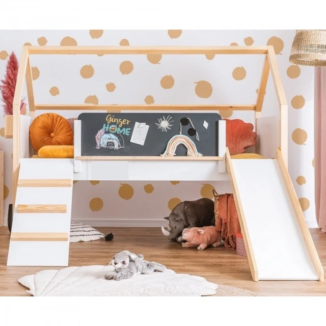 Παιδικό κρεβάτι σπιτάκι GINGER HOME, Montessori, διώροφο, τσουλήθρα, πίνακας, τελάρο 90 x 200 cm