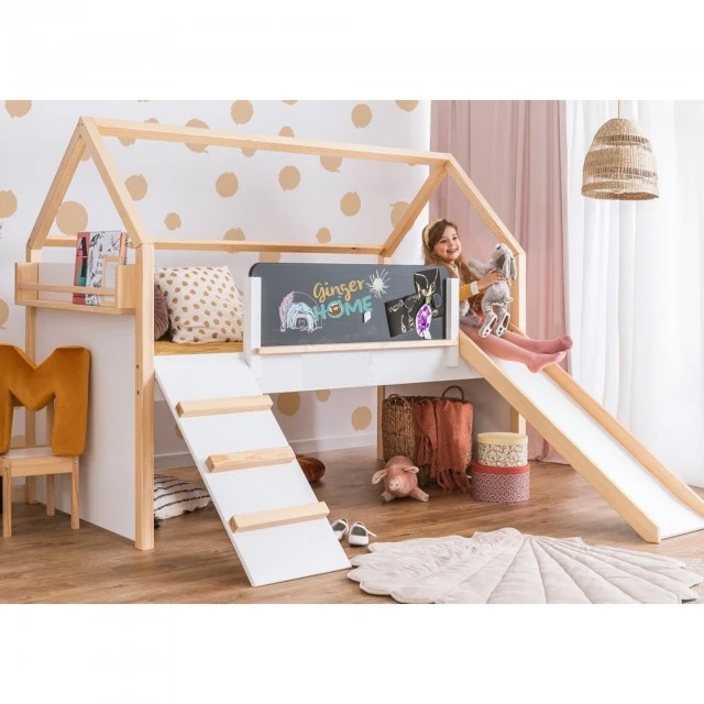 Παιδικό κρεβάτι σπιτάκι GINGER HOME, Montessori, διώροφο, τσουλήθρα, πίνακας, τελάρο 90 x 200 cm