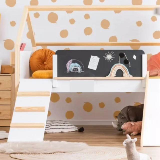 Παιδικό κρεβάτι σπιτάκι GINGER HOME, Montessori, διώροφο, τσουλήθρα, πίνακας, τελάρο 90 x 200 cm