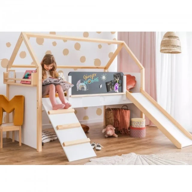 Παιδικό κρεβάτι σπιτάκι GINGER HOME, Montessori, διώροφο, τσουλήθρα, πίνακας, τελάρο 90 x 200 cm