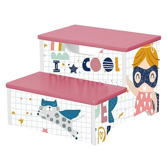 Παιδική καρέκλα GINGER HOME, Ξύλινο Σκαλοπάτι σε 2 Επίπεδα, Σκάλα για Παιδικό Δωμάτιο, ροζ, SUPER GIRL