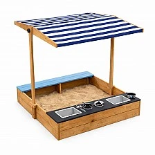 Παιδική Ξύλινη Σκάφη με Άμμο 3 σε 1 με Κουζίνα, Πάγκο και Σκίαστρο με Προστασία UV GINGER HOME – Παιχνίδι Εξωτερικού Χώρου (110x114x110 εκ.)