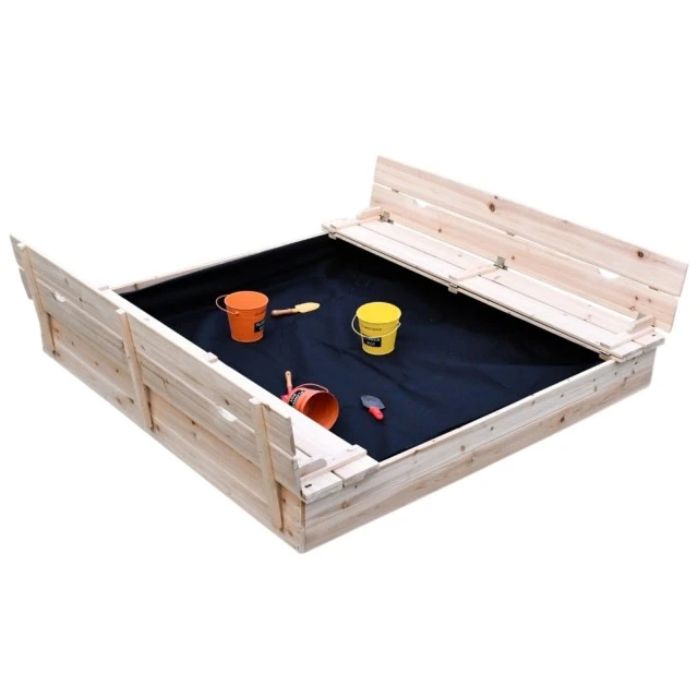 Μεγάλο Παιδικό Sandbox με Πάγκους και Πτυσσόμενο Κάλυμμα GINGER HOME 157x157x21cm, Ξύλινο