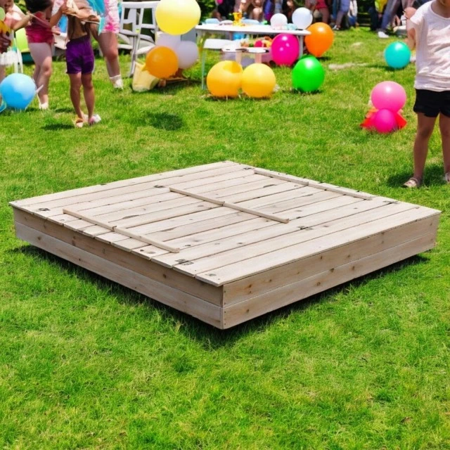 Μεγάλο Παιδικό Sandbox με Πάγκους και Πτυσσόμενο Κάλυμμα GINGER HOME 157x157x21cm, Ξύλινο
