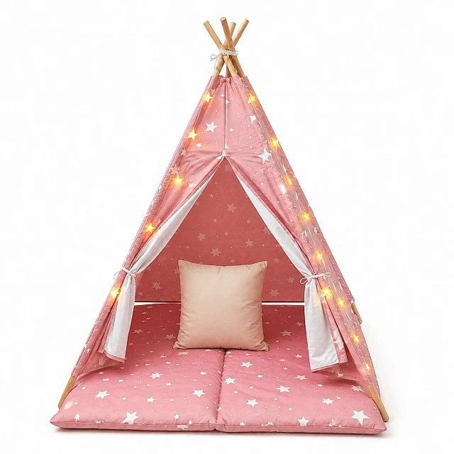 Παιδική Βαμβακερή Σκηνή GINGER HOME Little Stars, Tipi, Ροζ με Αστέρια, 100% Βαμβάκι, με Μαλακό Υπόθεμα με Γέμιση, Μαξιλάρι και Φωτάκια LED, 120x120x160 cm