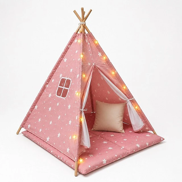 Παιδική Βαμβακερή Σκηνή GINGER HOME Little Stars, Tipi, Ροζ με Αστέρια, 100% Βαμβάκι, με Μαλακό Υπόθεμα με Γέμιση, Μαξιλάρι και Φωτάκια LED, 120x120x160 cm