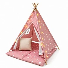 Παιδική Βαμβακερή Σκηνή GINGER HOME Little Stars, Tipi, Ροζ με Αστέρια, 100% Βαμβάκι, με Μαλακό Υπόθεμα με Γέμιση, Μαξιλάρι και Φωτάκια LED, 120x120x160 cm