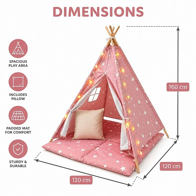 Παιδική Βαμβακερή Σκηνή GINGER HOME Little Stars, Tipi, Ροζ με Αστέρια, 100% Βαμβάκι, με Μαλακό Υπόθεμα με Γέμιση, Μαξιλάρι και Φωτάκια LED, 120x120x160 cm
