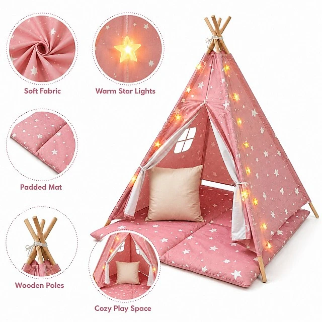 Παιδική Βαμβακερή Σκηνή GINGER HOME Little Stars, Tipi, Ροζ με Αστέρια, 100% Βαμβάκι, με Μαλακό Υπόθεμα με Γέμιση, Μαξιλάρι και Φωτάκια LED, 120x120x160 cm