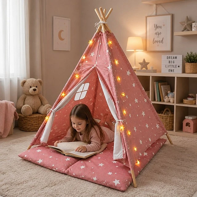 Παιδική Βαμβακερή Σκηνή GINGER HOME Little Stars, Tipi, Ροζ με Αστέρια, 100% Βαμβάκι, με Μαλακό Υπόθεμα με Γέμιση, Μαξιλάρι και Φωτάκια LED, 120x120x160 cm