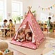 Παιδική Βαμβακερή Σκηνή GINGER HOME Little Stars, Tipi, Ροζ με Αστέρια, 100% Βαμβάκι, με Μαλακό Υπόθεμα με Γέμιση, Μαξιλάρι και Φωτάκια LED, 120x120x160 cm
