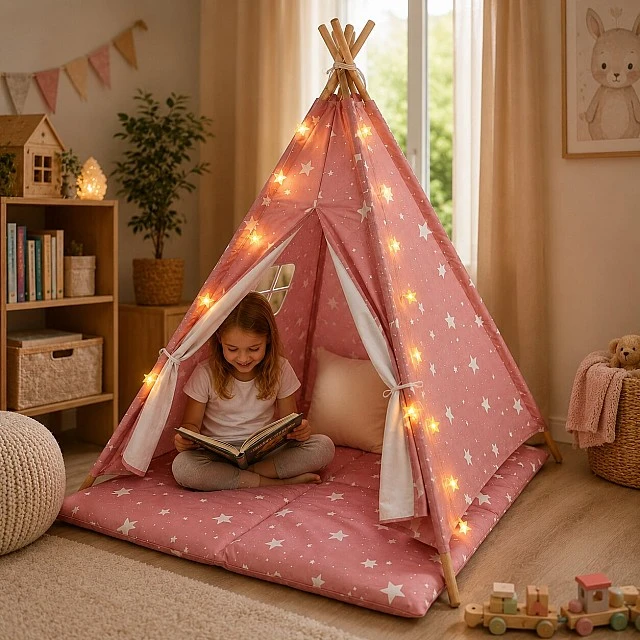 Παιδική Βαμβακερή Σκηνή GINGER HOME Little Stars, Tipi, Ροζ με Αστέρια, 100% Βαμβάκι, με Μαλακό Υπόθεμα με Γέμιση, Μαξιλάρι και Φωτάκια LED, 120x120x160 cm