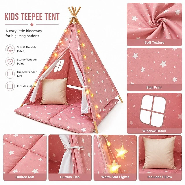 Παιδική Βαμβακερή Σκηνή GINGER HOME Little Stars, Tipi, Ροζ με Αστέρια, 100% Βαμβάκι, με Μαλακό Υπόθεμα με Γέμιση, Μαξιλάρι και Φωτάκια LED, 120x120x160 cm