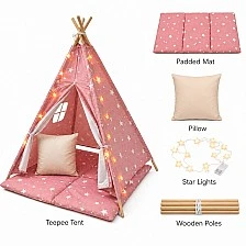 Παιδική Βαμβακερή Σκηνή GINGER HOME Little Stars, Tipi, Ροζ με Αστέρια, 100% Βαμβάκι, με Μαλακό Υπόθεμα με Γέμιση, Μαξιλάρι και Φωτάκια LED, 120x120x160 cm
