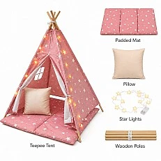 Παιδική Βαμβακερή Σκηνή GINGER HOME Little Stars, Tipi, Ροζ με Αστέρια, 100% Βαμβάκι, με Μαλακό Υπόθεμα με Γέμιση, Μαξιλάρι και Φωτάκια LED, 120x120x160 cm
