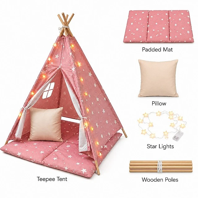 Παιδική Βαμβακερή Σκηνή GINGER HOME Little Stars, Tipi, Ροζ με Αστέρια, 100% Βαμβάκι, με Μαλακό Υπόθεμα με Γέμιση, Μαξιλάρι και Φωτάκια LED, 120x120x160 cm