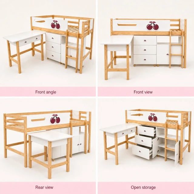 GINGER HOME CHERRY Σετ Παιδικού Δωματίου με Ενιαίο Κρεβάτι 90x200 cm, Γραφείο, Συρταριέρα, Ντουλάπι και Τρίφυλλη Ντουλάπα, Λευκό, Ροζ και Φυσικό Ξύλο