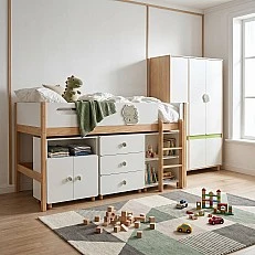 Σετ επίπλων παιδικού δωματίου GINGER HOME DINO με κρεβάτι σε συνδυασμό 90x200 cm, ντουλάπα, ντουλάπια, συρταριέρα, ράφια και σκελετό στρώματος, λευκό, πράσινο και φυσικό ξύλο