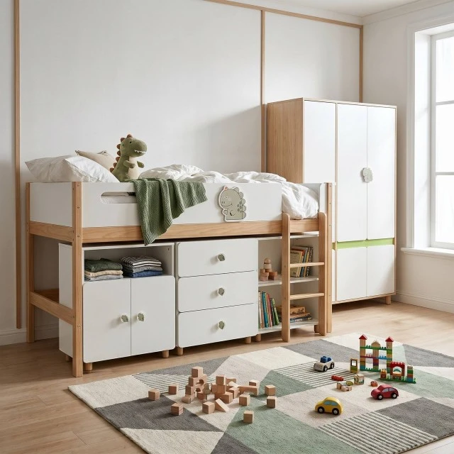 Σετ επίπλων παιδικού δωματίου GINGER HOME DINO με κρεβάτι σε συνδυασμό 90x200 cm, ντουλάπα, ντουλάπια, συρταριέρα, ράφια και σκελετό στρώματος, λευκό, πράσινο και φυσικό ξύλο