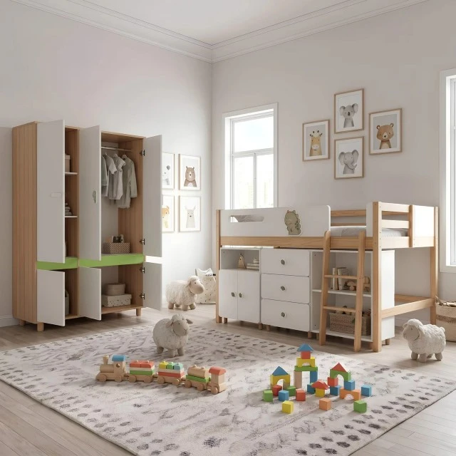 Σετ επίπλων παιδικού δωματίου GINGER HOME DINO με κρεβάτι σε συνδυασμό 90x200 cm, ντουλάπα, ντουλάπια, συρταριέρα, ράφια και σκελετό στρώματος, λευκό, πράσινο και φυσικό ξύλο