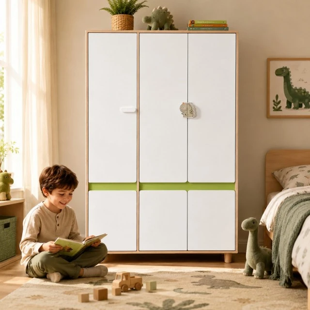 Σετ επίπλων παιδικού δωματίου GINGER HOME DINO με κρεβάτι σε συνδυασμό 90x200 cm, ντουλάπα, ντουλάπια, συρταριέρα, ράφια και σκελετό στρώματος, λευκό, πράσινο και φυσικό ξύλο