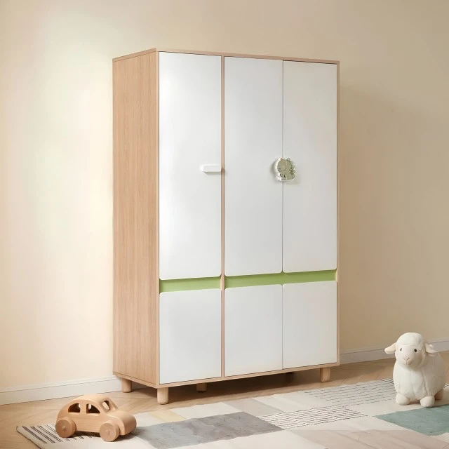 Σετ επίπλων παιδικού δωματίου GINGER HOME DINO με κρεβάτι σε συνδυασμό 90x200 cm, ντουλάπα, ντουλάπια, συρταριέρα, ράφια και σκελετό στρώματος, λευκό, πράσινο και φυσικό ξύλο