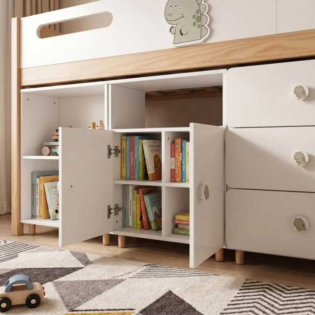 Σετ επίπλων παιδικού δωματίου GINGER HOME DINO με κρεβάτι σε συνδυασμό 90x200 cm, ντουλάπα, ντουλάπια, συρταριέρα, ράφια και σκελετό στρώματος, λευκό, πράσινο και φυσικό ξύλο