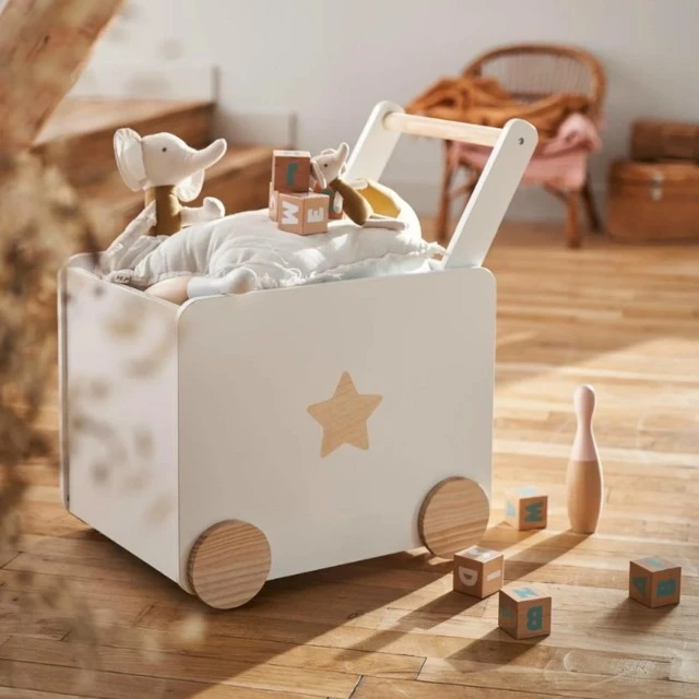 Παιδικό κουτί παιχνιδιών GINGER HOME με ρόδες και λαβή ώθησης, Ξύλινο, Λευκό, 38x45x54 cm.