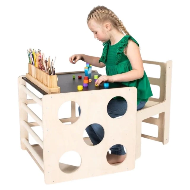 Σετ Montessori 2 σε 1 GINGER HOME, Παιδικό Τραπέζι με Καρέκλα και Κύβο Αναρρίχησης, Τραπέζι Ενεργού Παιχνιδιού, Φυσικό Ξύλο, 57x50x55 εκ.