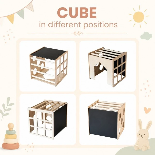Σετ Montessori 2 σε 1 GINGER HOME, Παιδικό Τραπέζι με Καρέκλα και Κύβο Αναρρίχησης, Τραπέζι Ενεργού Παιχνιδιού, Φυσικό Ξύλο, 57x50x55 εκ.