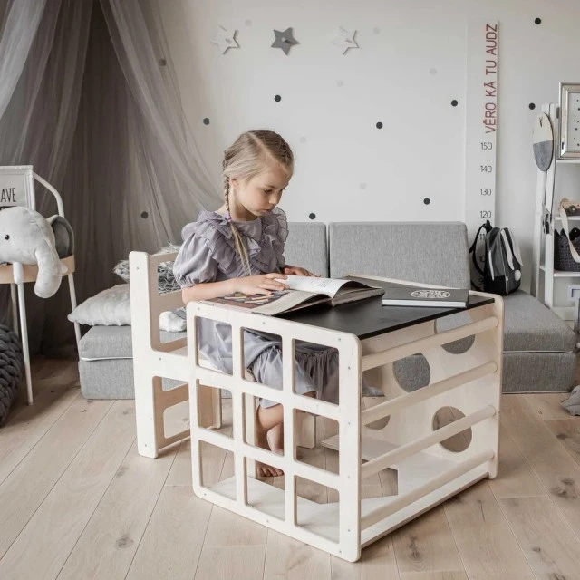 Σετ Montessori 2 σε 1 GINGER HOME, Παιδικό Τραπέζι με Καρέκλα και Κύβο Αναρρίχησης, Τραπέζι Ενεργού Παιχνιδιού, Φυσικό Ξύλο, 57x50x55 εκ.