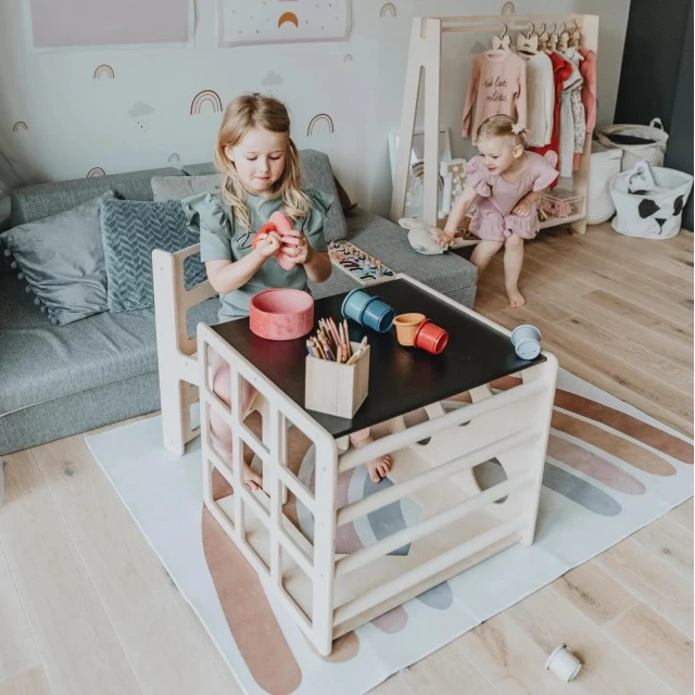 Σετ Montessori 2 σε 1 GINGER HOME, Παιδικό Τραπέζι με Καρέκλα και Κύβο Αναρρίχησης, Τραπέζι Ενεργού Παιχνιδιού, Φυσικό Ξύλο, 57x50x55 εκ.