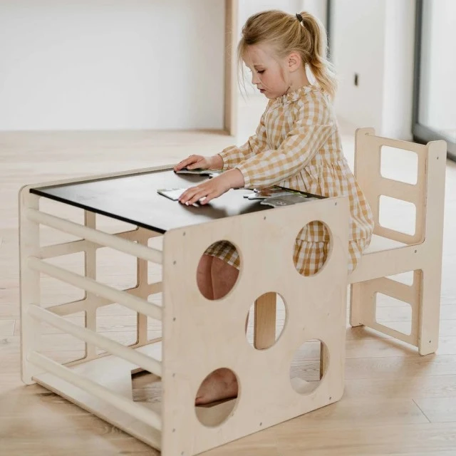 Σετ Montessori 2 σε 1 GINGER HOME, Παιδικό Τραπέζι με Καρέκλα και Κύβο Αναρρίχησης, Τραπέζι Ενεργού Παιχνιδιού, Φυσικό Ξύλο, 57x50x55 εκ.