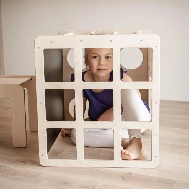 Σετ Montessori 2 σε 1 GINGER HOME, Παιδικό Τραπέζι με Καρέκλα και Κύβο Αναρρίχησης, Τραπέζι Ενεργού Παιχνιδιού, Φυσικό Ξύλο, 57x50x55 εκ.