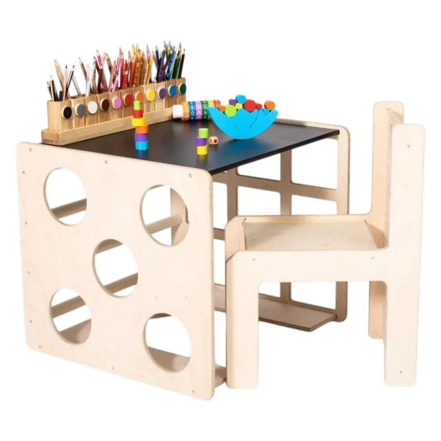 Σετ Montessori 2 σε 1 GINGER HOME, Παιδικό Τραπέζι με Καρέκλα και Κύβο Αναρρίχησης, Τραπέζι Ενεργού Παιχνιδιού, Φυσικό Ξύλο, 57x50x55 εκ.