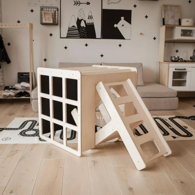 Σετ Montessori 2 σε 1 GINGER HOME, Παιδικό Τραπέζι με Καρέκλα και Κύβο Αναρρίχησης, Τραπέζι Ενεργού Παιχνιδιού, Φυσικό Ξύλο, 57x50x55 εκ.