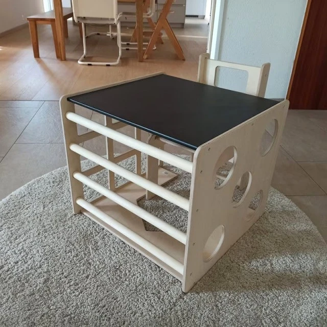 Σετ Montessori 2 σε 1 GINGER HOME, Παιδικό Τραπέζι με Καρέκλα και Κύβο Αναρρίχησης, Τραπέζι Ενεργού Παιχνιδιού, Φυσικό Ξύλο, 57x50x55 εκ.