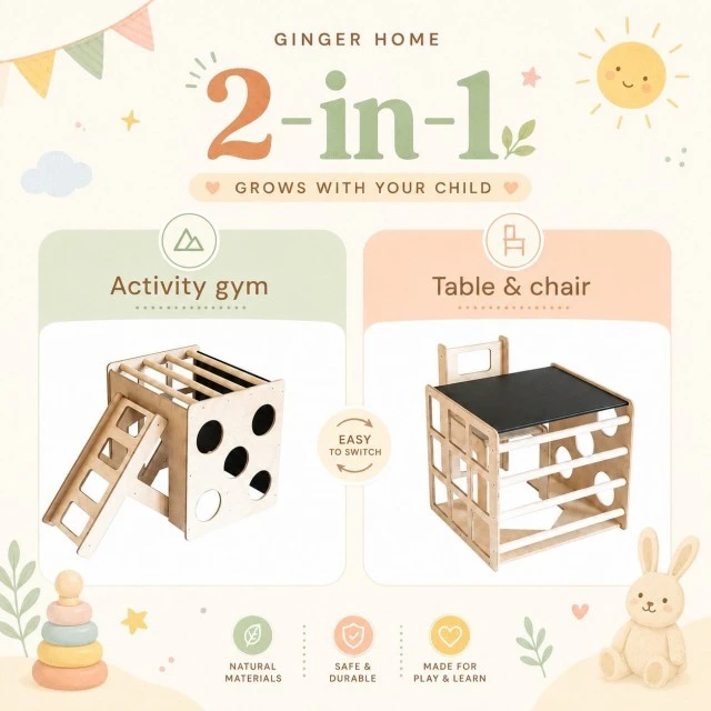 Σετ Montessori 2 σε 1 GINGER HOME, Παιδικό Τραπέζι με Καρέκλα και Κύβο Αναρρίχησης, Τραπέζι Ενεργού Παιχνιδιού, Φυσικό Ξύλο, 57x50x55 εκ.