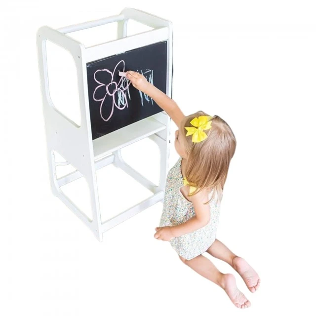 Πύργος Montessori GINGER HOME, εκπαιδευτικό σκαμπό με μαυροπίνακα και ρυθμιζόμενο ύψος, λευκό, για παιδιά 1-4 ετών