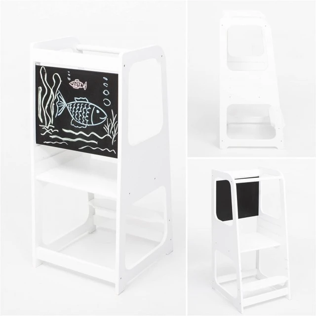 Πύργος Montessori GINGER HOME, εκπαιδευτικό σκαμπό με μαυροπίνακα και ρυθμιζόμενο ύψος, λευκό, για παιδιά 1-4 ετών