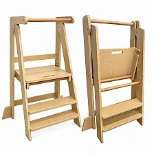 Πύργος Montessori για παιδιά GINGER HOME, Πτυσσόμενο καρεκλάκι φαγητού κουζίνας, Πύργος εκμάθησης, ασφαλής παιδική σκάλα, από μασίφ φυσικό ξύλο, 51x47x91,5 cm