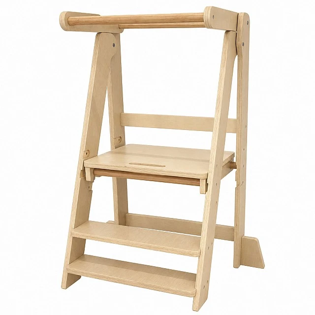 Πύργος Montessori για παιδιά GINGER HOME, Πτυσσόμενο καρεκλάκι φαγητού κουζίνας, Πύργος εκμάθησης, ασφαλής παιδική σκάλα, από μασίφ φυσικό ξύλο, 51x47x91,5 cm
