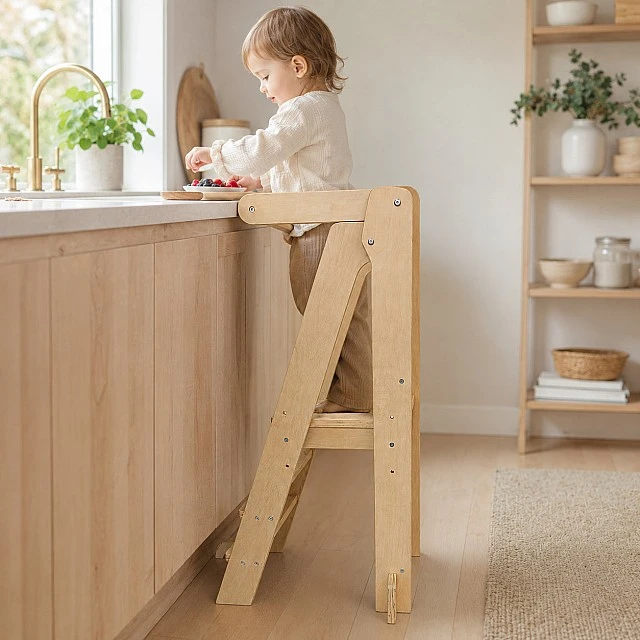 Πύργος Montessori για παιδιά GINGER HOME, Πτυσσόμενο καρεκλάκι φαγητού κουζίνας, Πύργος εκμάθησης, ασφαλής παιδική σκάλα, από μασίφ φυσικό ξύλο, 51x47x91,5 cm