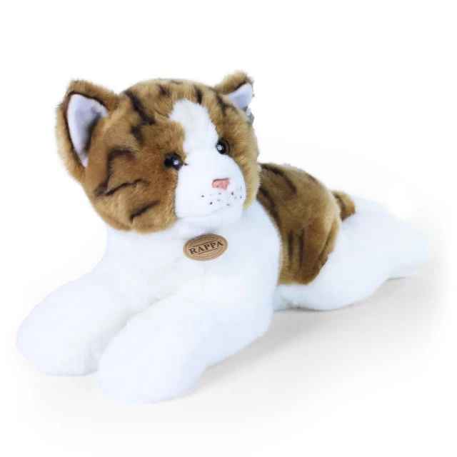 Μεγάλη βελούδινη Cat σε καφέ και λευκό χρώμα 50 cm. ξαπλομένος