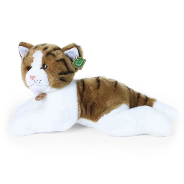Μεγάλη βελούδινη Cat σε καφέ και λευκό χρώμα 50 cm. ξαπλομένος