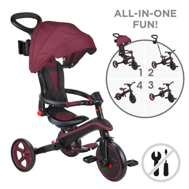Παιδικό τρίκυκλο 4 σε 1 GLOBBER EXPLORER TRIKE ΠΤΥΣΣΟΜΕΝΟ, πτυσσόμενο, μπορντό χρώμα