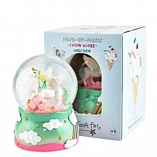 Διακοσμητική Χιονόμπαλα Μονόκερου με Μουσική, Μονόκερο και Αστραφτερά Σωματίδια που Πέφτουν