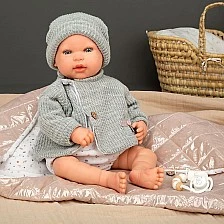 Κούκλα μωρού Olivia με γκρι μάλλινο γιλέκο και υπνόσακο - 45 εκ.
