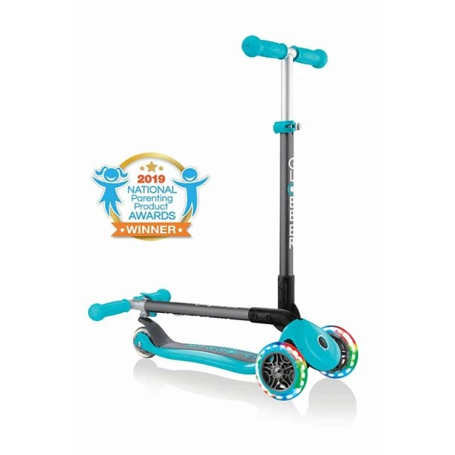 Globber Primo Foldable Lights Μπλε-πράσινο αναδιπλούμενο σκούτερ με λαμπερούς τροχούς