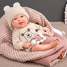Χαμογελαστή κούκλα μωρού Lane με ροζ υπνόσακο και πιπίλα - 45 εκ.